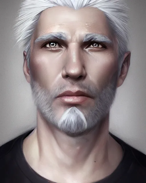 Image similar to portrait of 4 0 - year - old man with white hair with a pale complexion, pointed face and grey eyes, wearing black clothes, hyper realistic face, beautiful eyes, character art, art by artgerm lau and wlop and and ilya kuvshinov and john singer sargent, hyperdetailed, cryengine, trending on artstation, digital art