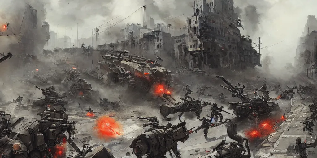 Prompt: giant scorpion robots terrorise streets of weimar berlin and attack freikorps soldiers and civilians, detailed painting, intense heavy street battle, bullet hell, pile of bodies, artillery bombings, art by greg rutkowski and jakub rozalski