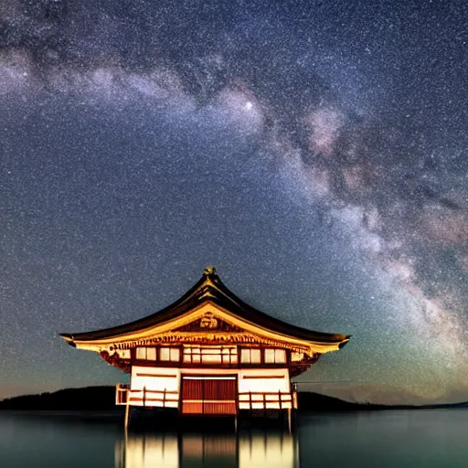 Image similar to A traditional japanese building underneath the milkyway at night both relfecting inside a lake