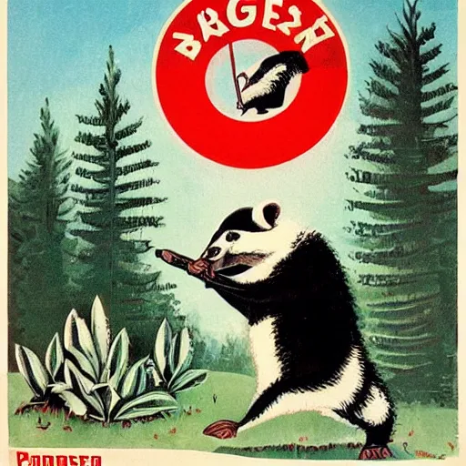 Image similar to A badger propaganda poster from the Soviet Union convincing people to support badgers.