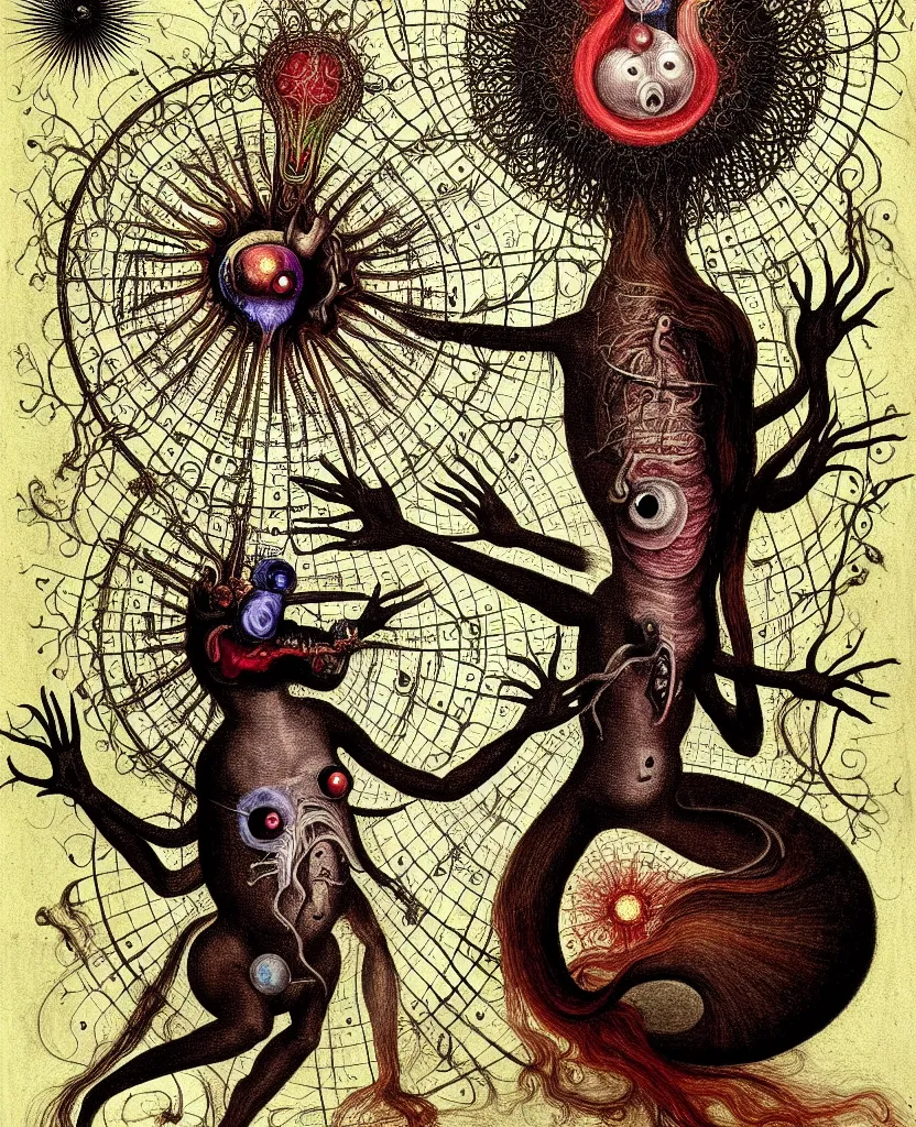 Image similar to whimsical freaky creature sings a unique canto about'as above so below'being ignited by the spirit of haeckel and robert fludd, breakthrough is iminent, glory be to the magic within, painted by ronny khalil