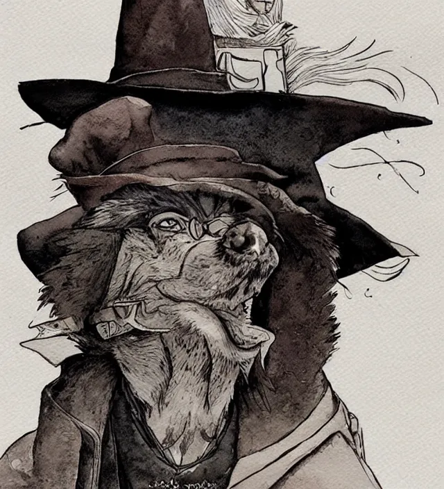 Image similar to a watercolor ink painting of an anthropomorphic dog wizard / sheriff in the style of jean giraud in the style of moebius trending on artstation deviantart pinterest detailed realistic hd 8 k high resolution