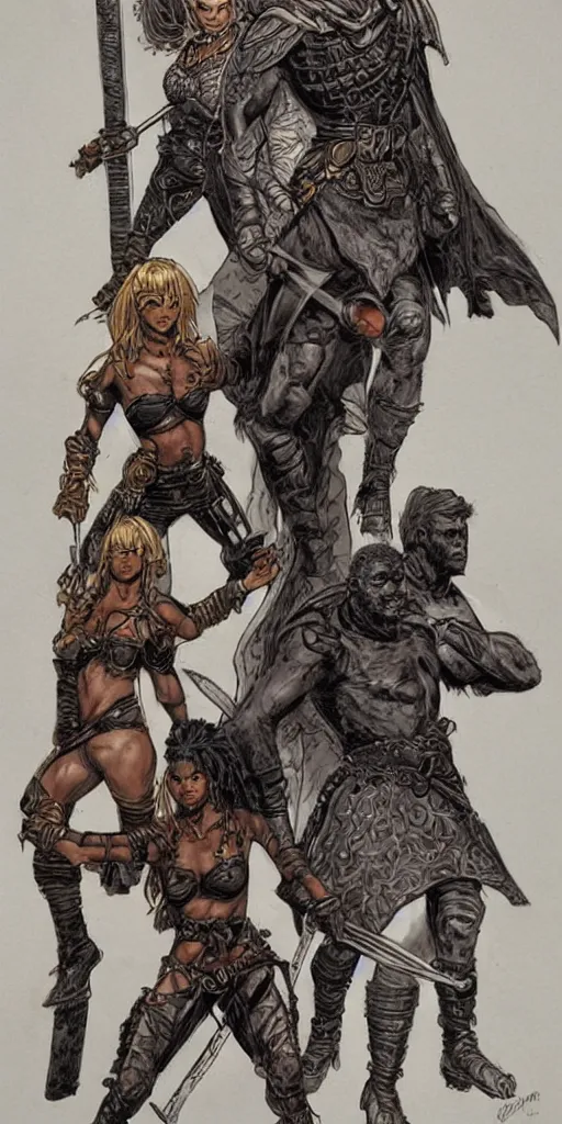 Image similar to female thief and a large young male warrior, and a young female african warrior, d & d, fantasy, portrait, in travis charest style