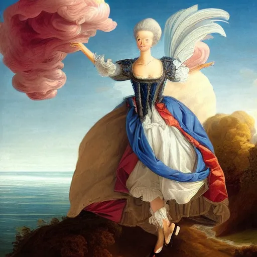 Prompt: portrait, Marie Antoinette flying over the sea. high detail, great lighting, 8k resolution, masterpiece, concept art, illustration