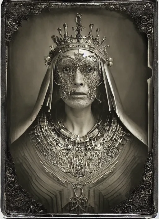 Image similar to old wetplate daguerreotype frame portrait of a futuristic silver armored queen elisabeth emperor district 9 cyborg, fractal, intricate, elegant, highly detailed, subsurface scattering, by jheronimus bosch and greg rutkowski and louis jacques mande daguerre