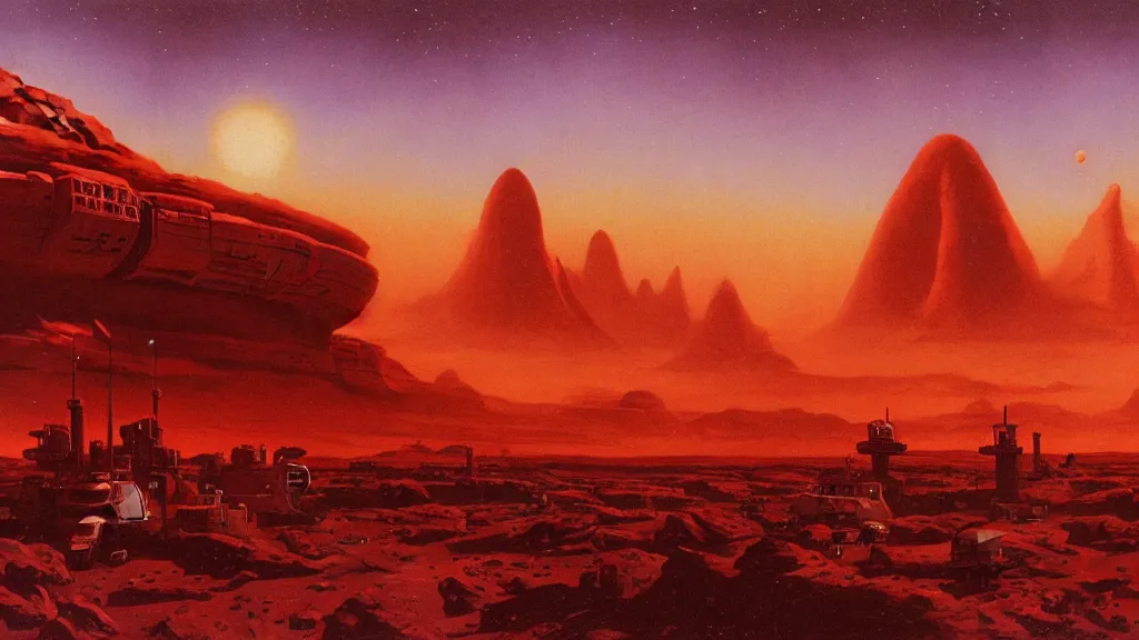 Image similar to mars colony by paul lehr and john schoenherr, cinematic matte painting