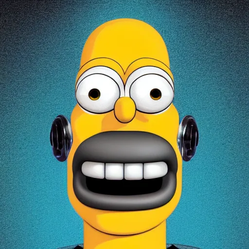 Image similar to centered portrait of a slight happy robotic 3D Homer Simpson, hyperdetailed, digital painting, trending on Artstation, cel-shading style, CG society, hyperdetailed, digital painting, hypermaximalist, golden ratio, volumetric, octane render, weta digital, micro details, 3d sculpture