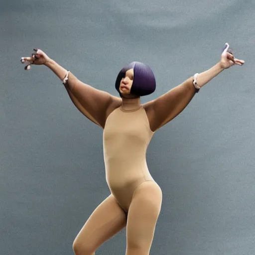 Image similar to sia furler wearing a skin colored leotard full body artistic photoshoot