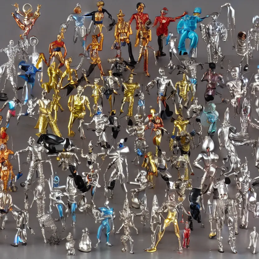 Image similar to a photograph of my collection of action figures of futuristic cyborg tin man from the wiz the movie, happy singing & dancing, 4 k, highly detailed, award winning, look at all that detail!