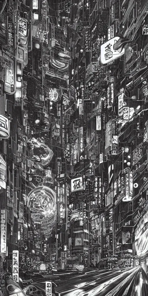 Image similar to beautiful and detailed anime drawing of an AKIRA-like cyberpunk city landscape with light trail from a motorcycle at the bottom and a bridge silhouette at the top, japan at night, 1980s, by Katsuhiro Otomo and mamoru oshii, wide angle, worm\'s eye view, grand, clean