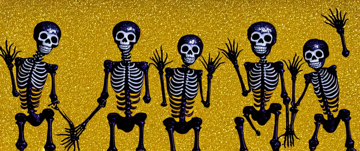 Image similar to hyperrealistic popart very cute glitter medieval skeletons dancing jason limon digital painting dramatic yellow lighting high angle hd 8k sharp shallow depth of field