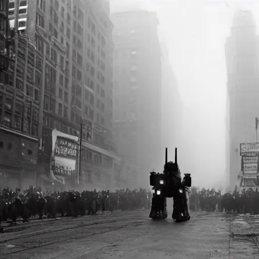Image similar to old black and white photo, 1 9 1 3, depicting a dieselpunk giant robot mech rampaging through the bustling streets of new york city, historical record, volumetric fog