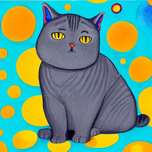 Image similar to portrait of a grey british shorthair cat sitting on wavy piano keys with musical notes in the background detailed colorful luminescent oil painting in the style of laurel burch and lisa frank 4 k