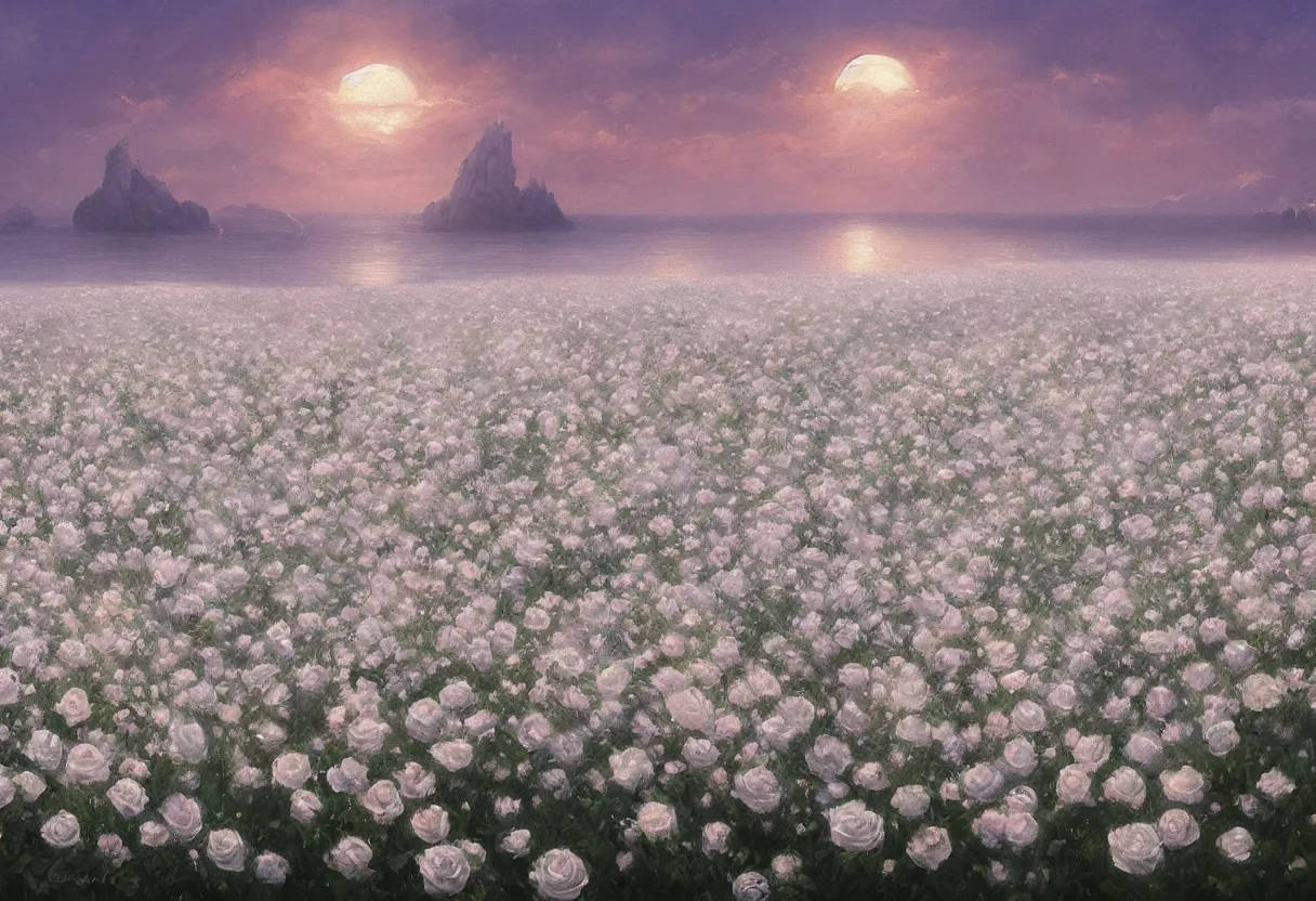 Prompt: a painting of a sea of white rose flowers, romantic, sunset, 4 k, trending on artstation in the style of greg rutkowski