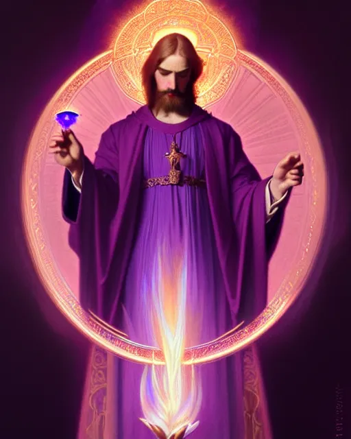 Image similar to violet fire, portrait of saint germain holding a violet colored flame, purple fire, intricate, elegant, highly detailed, digital painting, artstation, concept art, smooth, sharp focus, illustration, art by artgerm and greg rutkowski and fra angelico and alphons mucha
