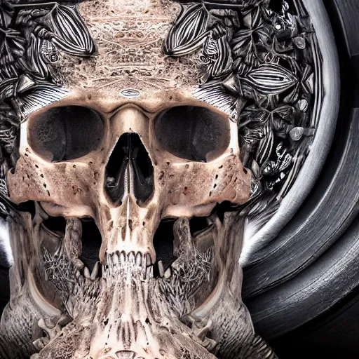 Prompt: an extreme close - up symmetrical portrait of an ornamental bone skull, photographic filter, unreal engine 5, realistic, hyperdetailed, 8 k, cinematic, volumetric lighting, very realistic effect, hd, hdr, 4 k, sharp focus, octane render, ultra detailed, high resolution, trending on artstation in the style of albert dros glowing rich colors powerful imagery