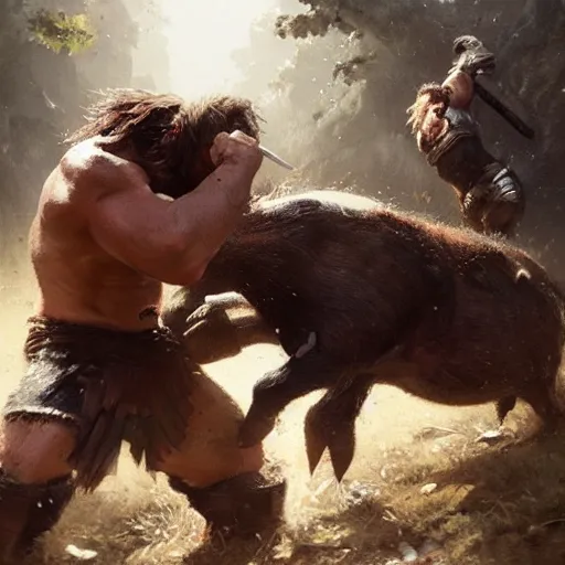 Image similar to barbarian fist fight wild boar, 8 k, trending on by tooth wu and greg rutkowski