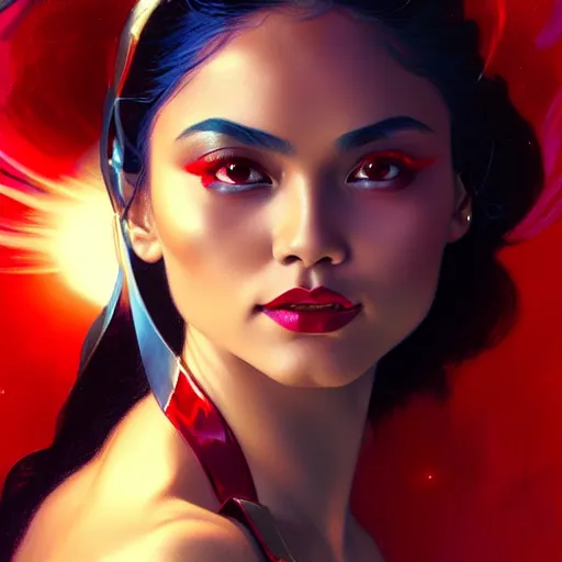 Image similar to lovi poe as darna, volumetric lights, red and cyan theme, art nouveau botanicals, intricate, highly detailed, digital painting, artstation, concept art, smooth, sharp focus, cinematic, illustration, beautiful face, art by artgerm and greg rutkowski and alphonse mucha