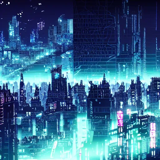Image similar to city in the style of cyberpunk ontop of a mountain, space sky, anime illustration,