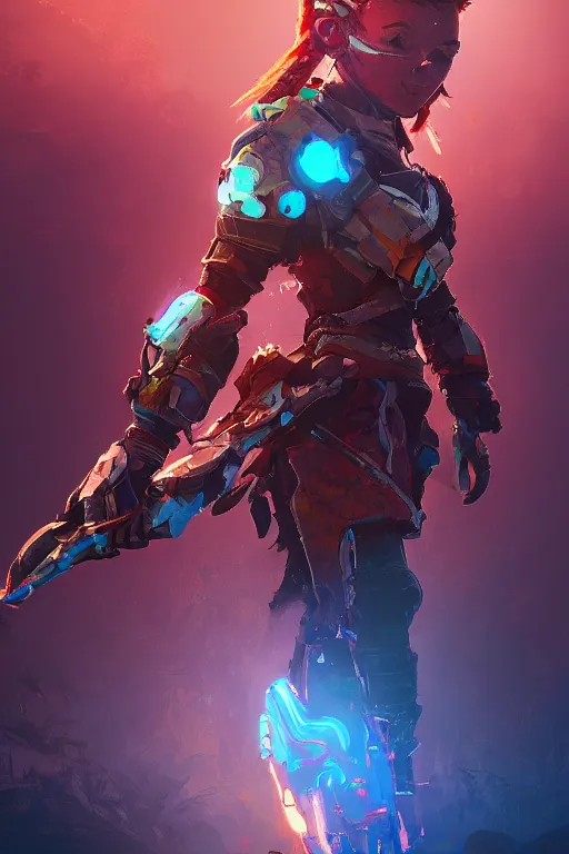 Image similar to combination suit armor aloy horizon forbidden west horizon zero dawn radiating a glowing aura global illumination ray tracing hdr fanart arstation by ian pesty and alena aenami artworks in 4 k tribal robot ninja mask helmet backpack