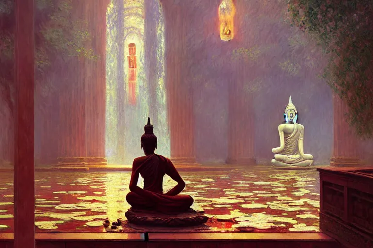 Image similar to temple, buddhism, impressionnisme, painting by greg rutkowski, artgerm, claude monet