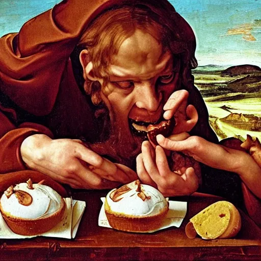 Image similar to satan eating Mr Kipling's french fancies, renaissance painting