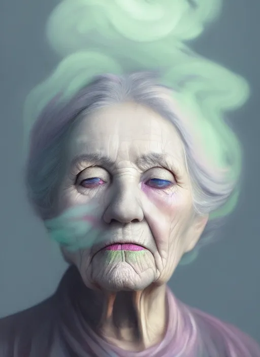 Prompt: an ethereal, misty portrait of an old woman whose face is accented with neon - toned glowing eyeliner. the makeup floats off her face and joins swirling clouds of smoke and fog, becoming an aurora. muted tones. surreal portrait, cinematic lighting, 8 k, smooth, sharp focus, digital painting, rendered in octane, painted by tom bagshaw, artgerm