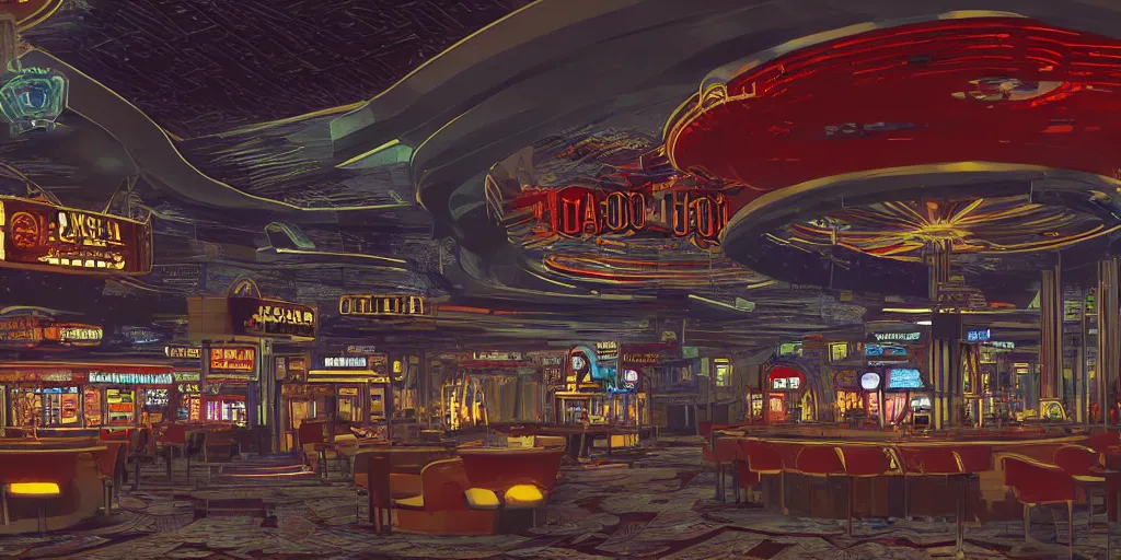 Image similar to fallout concept art neodeco las vegas casino interior render grim realistic lighting unreal engine 5