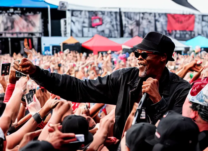 Image similar to photo still of samuel l jackson on stage at vans warped tour!!!!!!!! at age 3 3 years old 3 3 years of age!!!!!!!! stage diving into the crowd, 8 k, 8 5 mm f 1. 8, studio lighting, rim light, right side key light