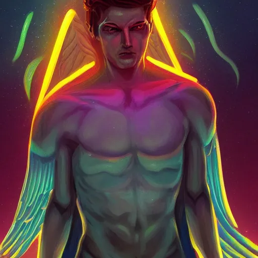 Prompt: symmetry!! concept art, art by dan mumford!!, full shot, of a male angel, smooth, glowing lights, digital painting, sharp focus, illustration