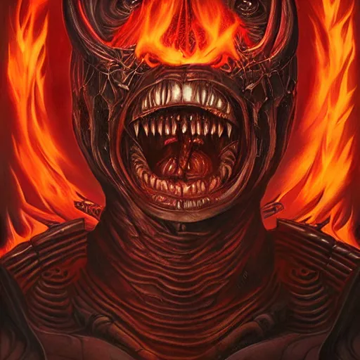 Prompt: doom demon giger portrait, fire and flame, sharp teeth, Pixar style, by Tristan Eaton Stanley Artgerm and Tom Bagshaw.