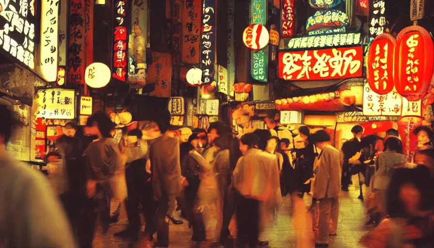 Image similar to impactful photography by haruto hoshi and yang seung woo and saul leiter, flash photography of night life in kabuki cho japan, full color, shot on kodak gold with a canon 3 5 mm lens aperture f / 8, hyperrealistic