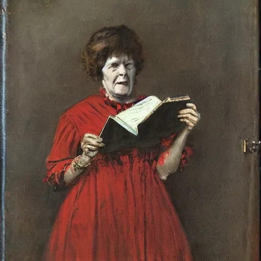 Image similar to scared victorian lady reading a book with an occult symbol on the cover, painted by alfred stevens