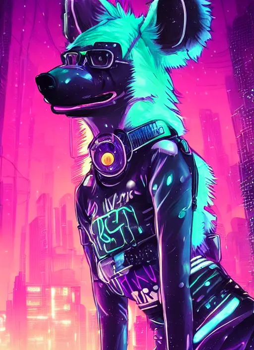 Prompt: beautiful portrait commission of a female furry anthro hyena fursona wearing skaterpunk clothes. Cyberpunk city at night in the rain. Neon light. Atmospheric. Character design by charlie bowater, ross tran, artgerm, and makoto shinkai, detailed, inked, western comic book art