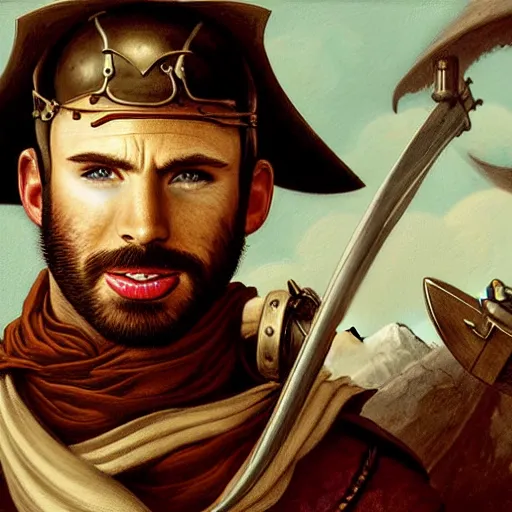 Image similar to half length portrait of chris evans as a swashbuckler, d & d, medieval, fantasy, greg rutkowski, frank frazetta, alexandre chaudret, boris vallejo, michael whelan, miro petrov, hr giger