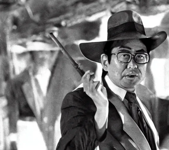 Prompt: a film still of shinzo abe in indiana jones raiders of the lost ark