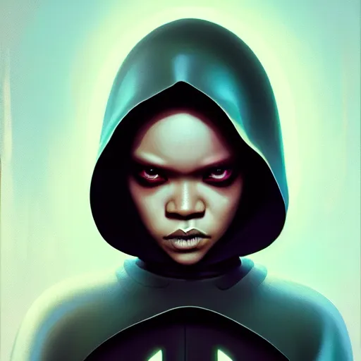 Image similar to star wars sith lord Rihanna profile picture by Greg Rutkowski, mod green Bob wig, hooded fur coat, asymmetrical, futuristic, volumetric lights, streetwear, studio ghibli, Organic Painting , Matte Painting, geometric shapes, hard edges, trending on the artstation, fantasy LUT, realistic by Sachin Teng + Martin Grip + Moebius + Patrick Gleason, smooth, sharp focus, illustration, art by John Collier and Albert Aublet and Krenz Cushart and Artem Demura and Alphonse Mucha, techwear, Industrial Scifi, detailed illustration, character portrait,