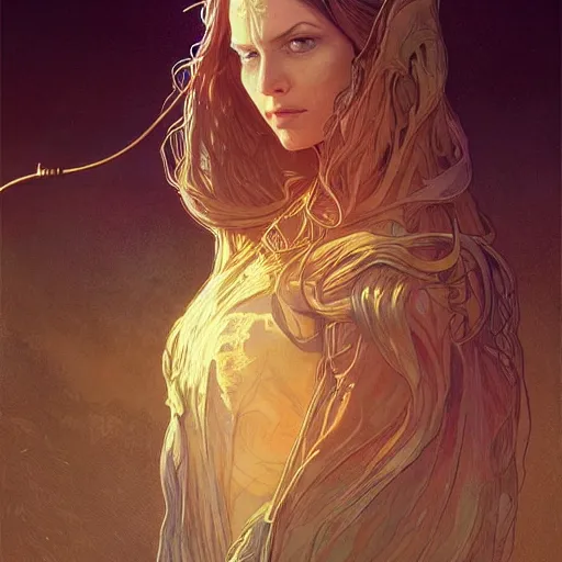 Image similar to a witch casting a spell, sci-fi, face, long hair, fantasy, intricate, elegant, highly detailed, digital painting, artstation, concept art, smooth, sharp focus, illustration, synthwave colors, faded effect, tranquil and calm, art by artgerm and greg rutkowski and alphonse mucha