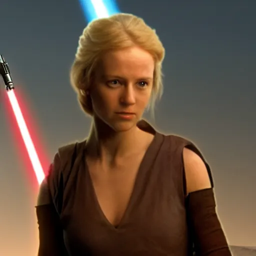 Image similar to young karen fisher as a jedi in star wars, 8k resolution, full HD, cinematic lighting, award winning, anatomically correct