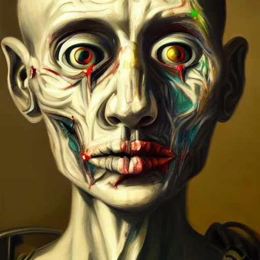 Prompt: Intricate five star Cybernetic Zombie facial portrait by Pablo Picasso,oil on canvas, high detail, matte finish, high contrast, 3d depth, masterpiece, vivid colors, artstationhd, deviantart