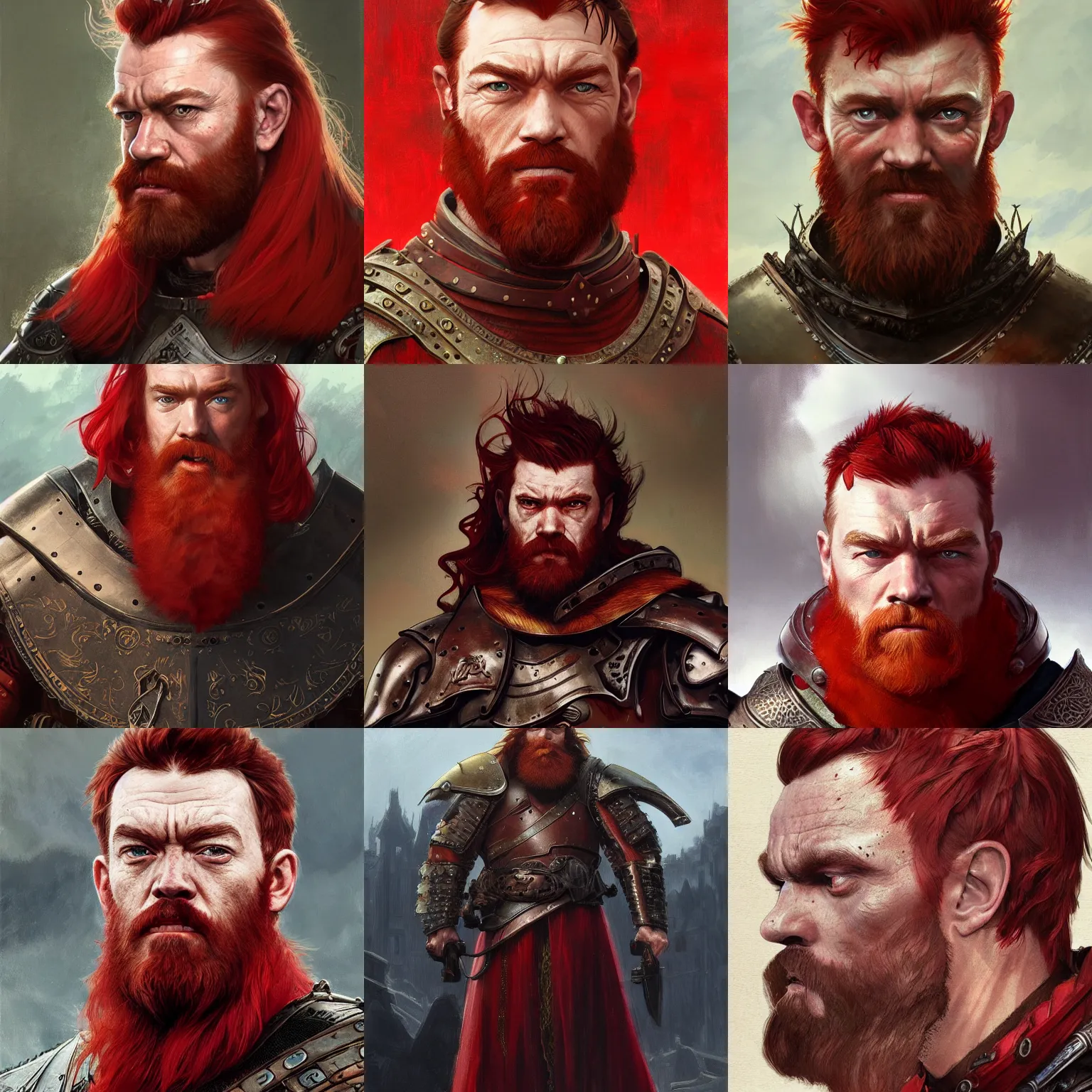Prompt: red-haired and red-bearded emperor, marton csokas, medieval armor, painted character portrait, highly detailed, digital painting, artstation, concept art, sharp focus, illustration, art by artgerm and greg rutkowski and alphonse mucha