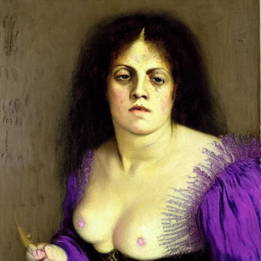 Prompt: portrait of a purple witch with golden embroidery, by gustave courbet.