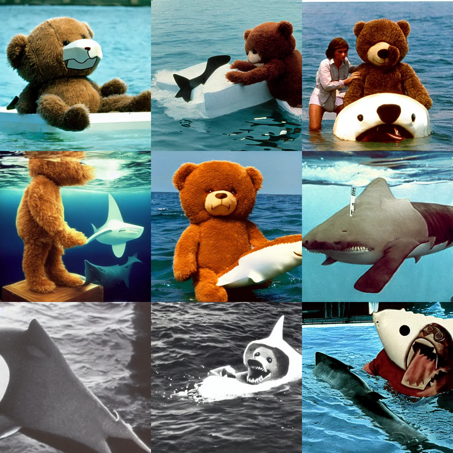 Prompt: Teddy Bear as the shark in Jaws 1975