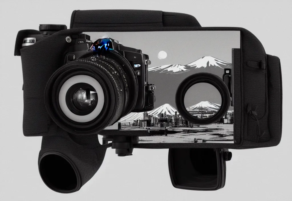 Image similar to first person view of a road coat sleeve arm hand grasping the back side rear angle viewfinder of a nikon dslr camera with mount fuji image in viewfinder, in the style of wes anderson, rene magritte, lola dupre, david hockney, isolated on white background, dark monochrome neon spraypaint accents octane render