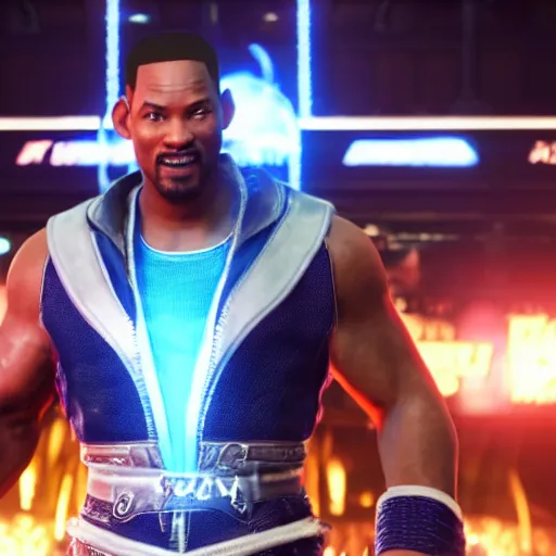 Image similar to a videogame still of Will Smith in Tekken 7, 40mm lens, shallow depth of field, split lighting