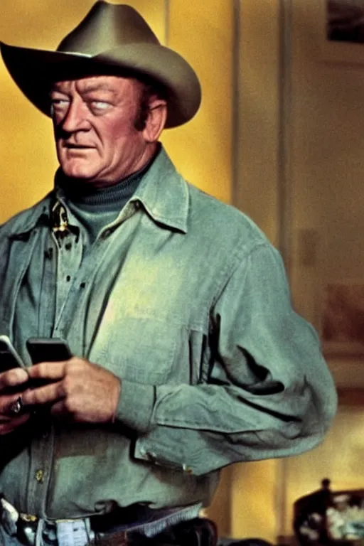 Prompt: john wayne using an iphone, color photograph