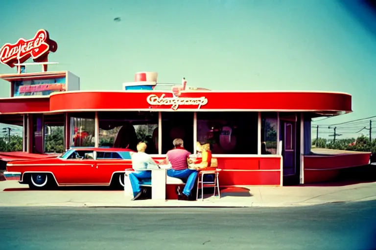 Prompt: 1 9 7 5 googie hamburger themed classic american diner, people sitting at tables, googie architecture, two point perspective, americana, restaurant exterior photography, hd 4 k, taken by alex webb