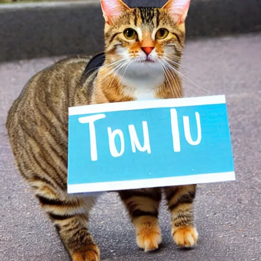 Image similar to a cute tabby cat holding a sign that says