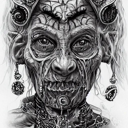 Prompt: portrait of a haggard old wrinkled female goblin shaman, colourful, intricate ornate scars and tattoos all over, bone jewellery, dark ambience, rococo style