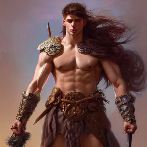 Image similar to portrait of a youthful male barbarian, handsome, toned, D&D, muscular, fantasy, intricate, elegant, highly detailed, digital painting, artstation, concept art, smooth, sharp focus, illustration, art by artgerm and greg rutkowski and alphonse mucha